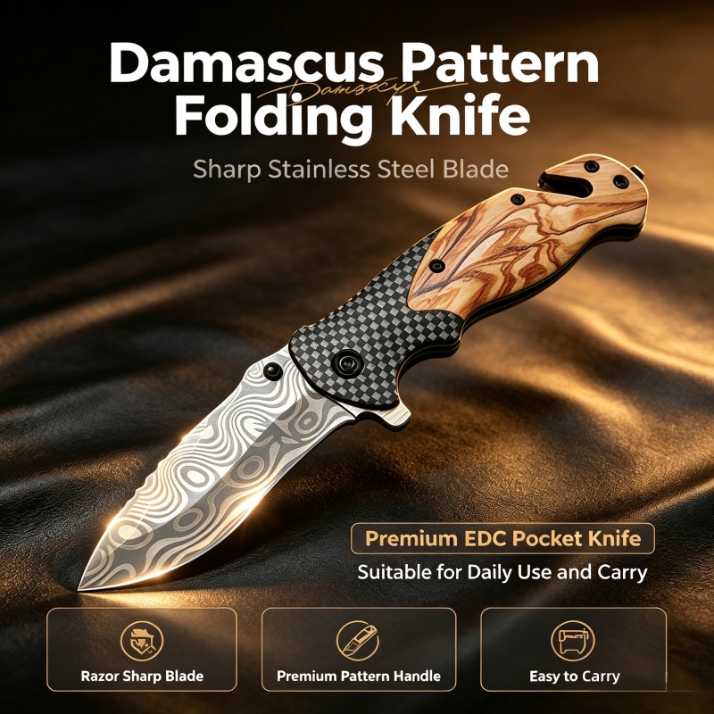 Damascus Pattern Folding Knife - Edc Carry Pocket Knife 评论和价格